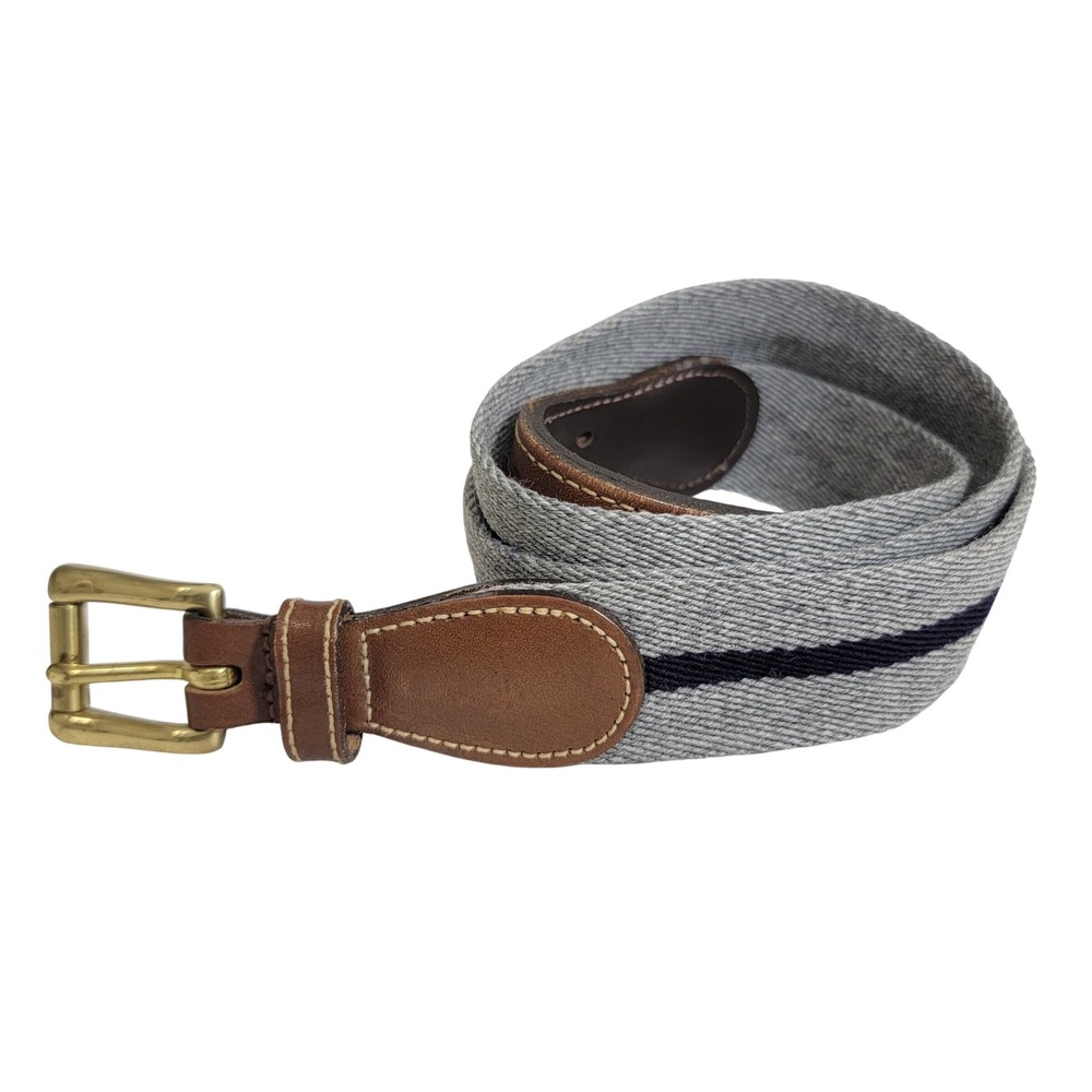 Dooney & Bourke Sz 36 Gray Navy Striped Wool Leather Brass Surcingle Belt USA
